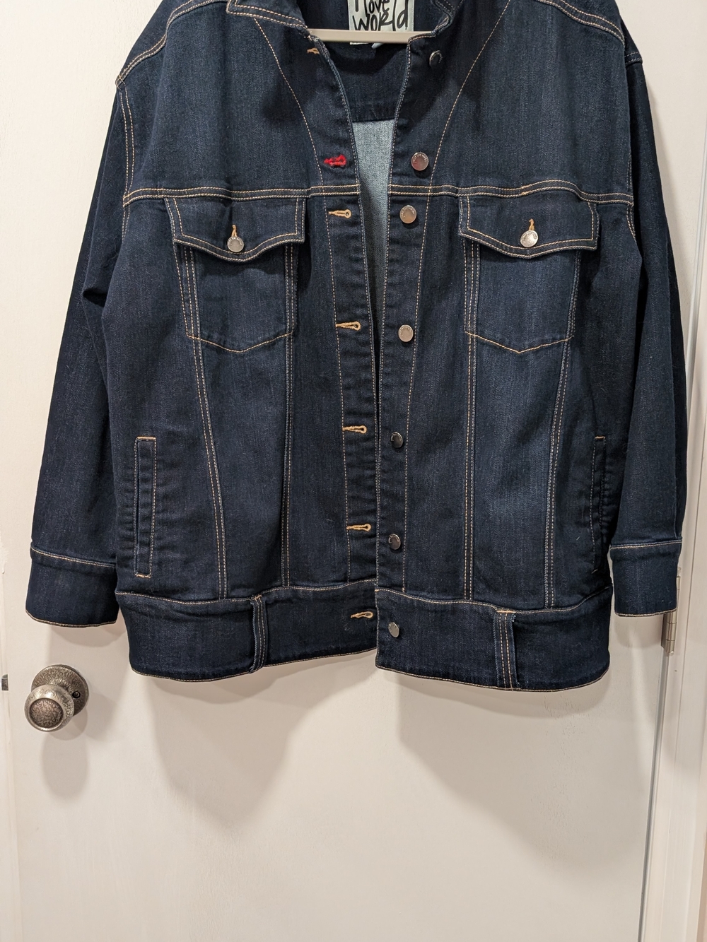 Peace Love World Dark Indigo Denim Jacket with Red Accent